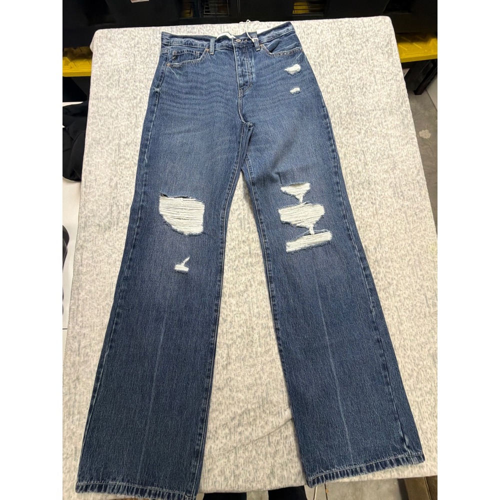 Kancan Womens 90s Wild Leg Flare Ultra High Rise Distressed Jeans Blue Size 9/28
